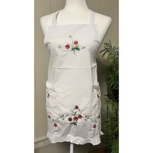 Vintage Macy's Apron White Ruffled with Embroidered Strawberries Farmhouse EUC
